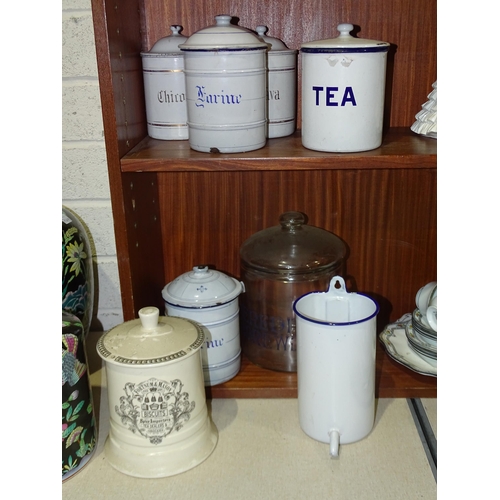 47 - Four French enamel cannisters and lids, 20cm high, two 'Farine', one 'Chicoree' and one 'Kava', anot... 