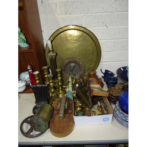 49 - A collection of brass and other metalware, including two pairs of candlesticks, a clockwork roasting... 
