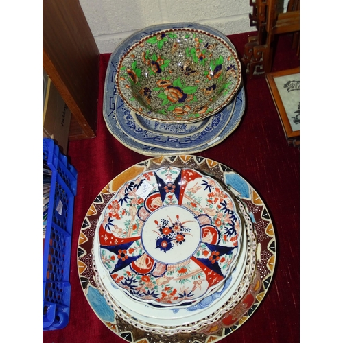 87 - Two Imari plates, 21cm diameter and other decorative plates.