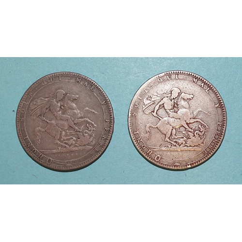 156 - A Charles I (1625-1649) hammered silver shilling, two George III (1760-1820) crowns, 1819 and 1820, ... 