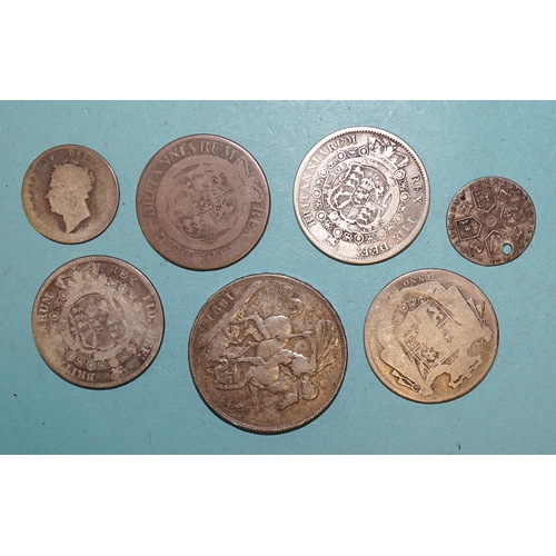 156 - A Charles I (1625-1649) hammered silver shilling, two George III (1760-1820) crowns, 1819 and 1820, ... 