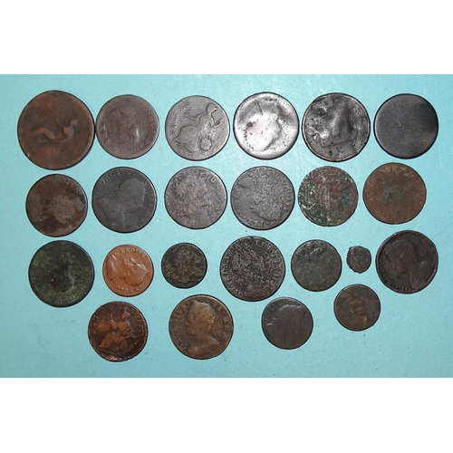 157 - A collection of various 17th, 18th century and later tokens, a Charles II (1660-1685) copper farthin... 