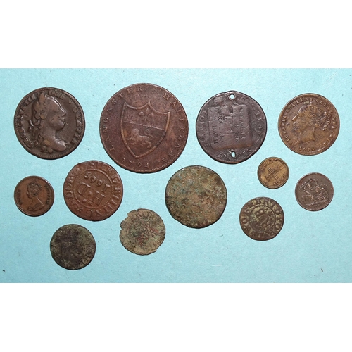 157 - A collection of various 17th, 18th century and later tokens, a Charles II (1660-1685) copper farthin... 