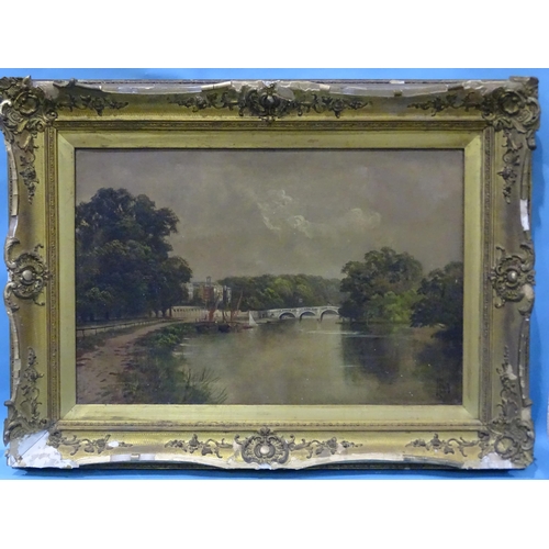 10 - J Lewis, 19th century SCENE ON THE THAMES, RICHMOND BRIDGE LOOKING TOWARDS LONDON Signed oil on canv... 