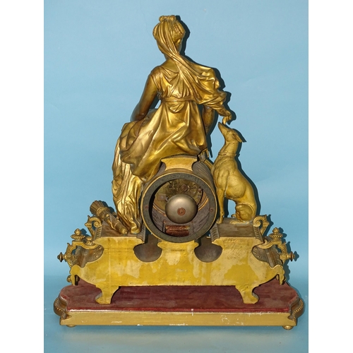 118 - A Victorian gilt spelter mantel clock, the central drum shape clock movement, with enamel dial surmo... 