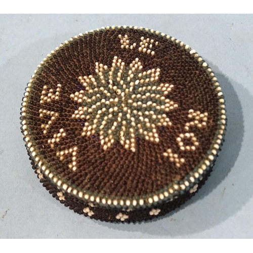 132 - French Revolution interest, a small circular tortoiseshell box covered with fine beadwork, the motto... 