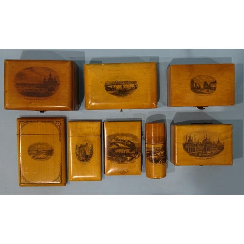 136 - A collection of eight pieces of Mauchline ware, comprising: four boxes, two card cases, a cylindrica... 