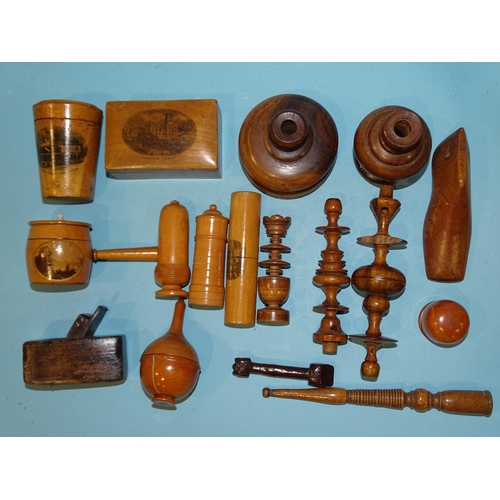 137 - Four Mauchline ware items, including a thimble holder in the form of a saucepan and lid and other tu... 