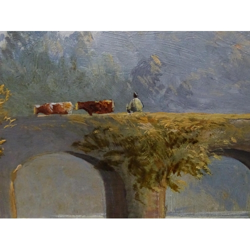 14 - George Henry Jenkins (1843-1914) RIVER WITH FIGURE AND CATTLE ON A BRIDGE Signed oil on board, dated... 