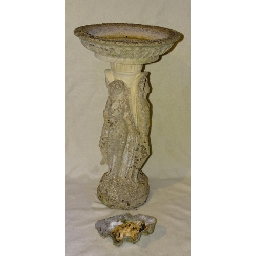 142 - A cast concrete bird bath in the form of the three Graces, with circular top 42cm diameter, 79cm hig... 