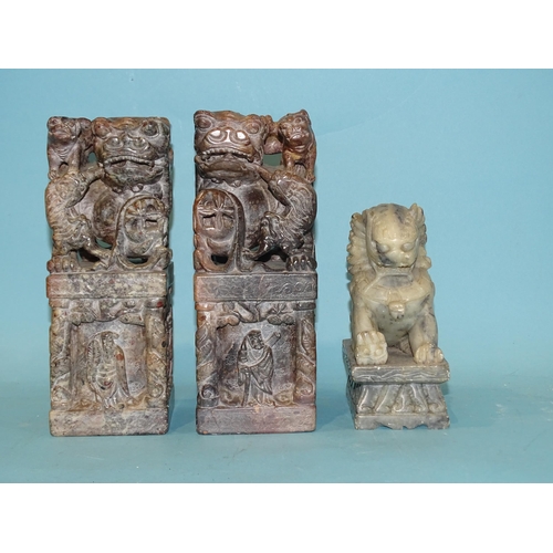 145 - A pair of late-19th/early-20th century soapstone seals or printing blocks carved with temple dogs an... 