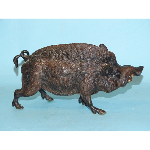 157 - A 19th century bronze figure of a standing wild boar, with painted features, indistinctly-stamped Ge... 