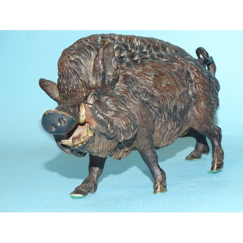 157 - A 19th century bronze figure of a standing wild boar, with painted features, indistinctly-stamped Ge... 