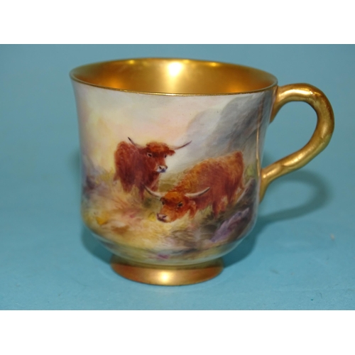 185 - A Royal Worcester cabinet cup and saucer decorated with Highland cattle in a landscape, signed H. St... 