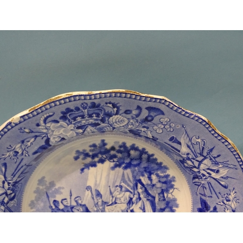 195 - Jones & Sons, Hanley (1826-28), from the British History Series: a soup plate decorated blue and... 