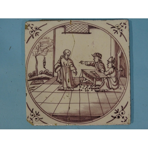 201 - A 19th century ceramic tile decorated with a peregrine falcon, 13cm square and three other antique c... 