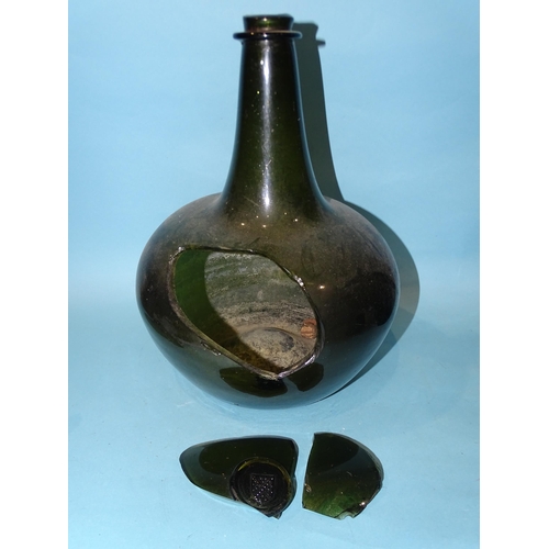 204 - Three late-18th century green glass wine bottles, each with moulded seal, two with S W Shepherd 1798... 