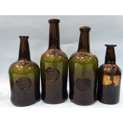 204 - Three late-18th century green glass wine bottles, each with moulded seal, two with S W Shepherd 1798... 