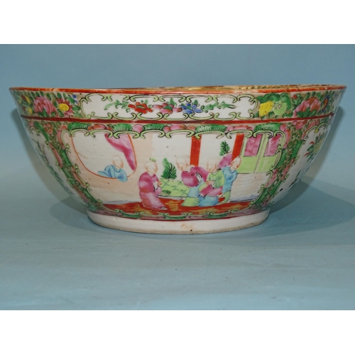 206 - A 19th century Canton bowl, typically-decorated with panels of figures, birds and flowers, 26cm diam... 