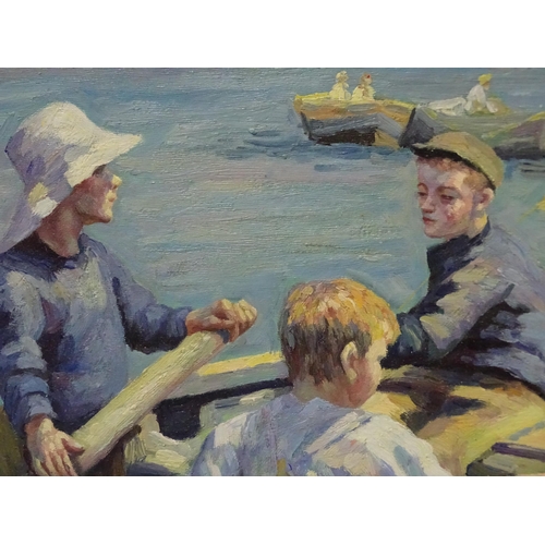 22 - H H, 20th century THREE BOYS IN A BOAT IN A SUNLIT HARBOUR Oil on canvas, laid-down, 43 x 50cm.... 
