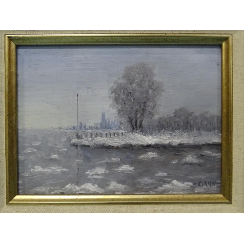 25 - Dusan Ciran (b. 1929) CHICAGO WINTER (VIEW FROM THE HARBOR) Signed oil on board, inscribed verso, 15... 