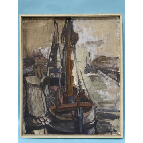 27 - John V Owen (1928-2020) BOATS AT RUE HARBOUR Signed oil on board, inscribed on label verso, (oil ske... 