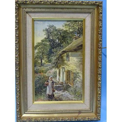 32 - Pike FIGURES AND DUCKS BY A COUNTRY COTTAGE Signed oil on board, dated 1885, 21 x 12.5cm and a compa... 
