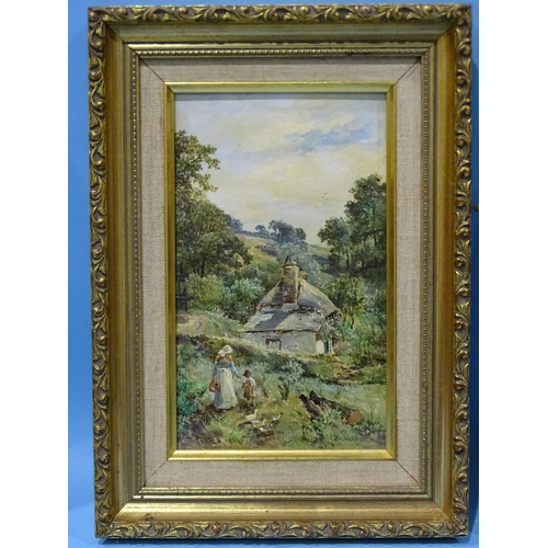 32 - Pike FIGURES AND DUCKS BY A COUNTRY COTTAGE Signed oil on board, dated 1885, 21 x 12.5cm and a compa... 