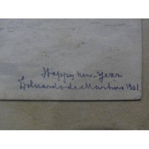 42 - Edoardo De Martino (1838-1912) FISHING VESSEL OFF A COASTLINE On Sandringham headed paper, inscribed... 