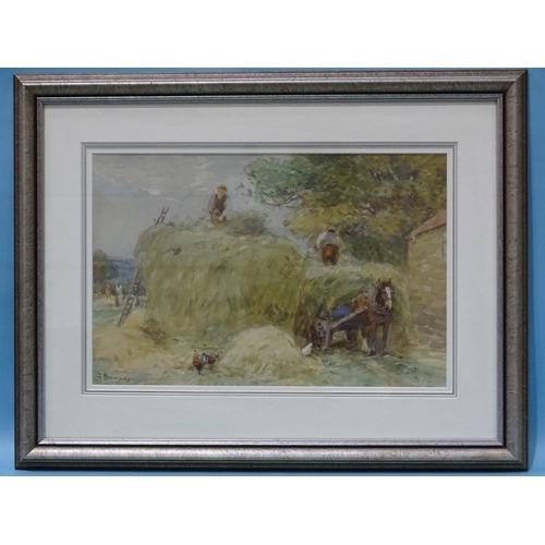 43 - John Atkinson (1863-1924) FIGURES MAKING A HAYRICK IN A FARMYARD Signed watercolour, pencil and goua... 