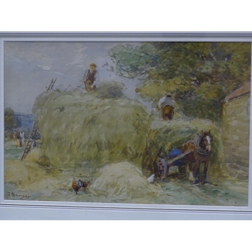 43 - John Atkinson (1863-1924) FIGURES MAKING A HAYRICK IN A FARMYARD Signed watercolour, pencil and goua... 