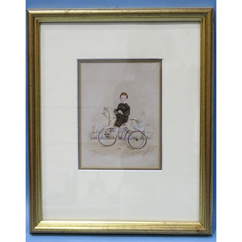 47 - 19th century English School YOUNG BOY ON ROCKING HORSE TRICYCLE Unsigned pencil and watercolour with... 