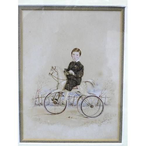 47 - 19th century English School YOUNG BOY ON ROCKING HORSE TRICYCLE Unsigned pencil and watercolour with... 
