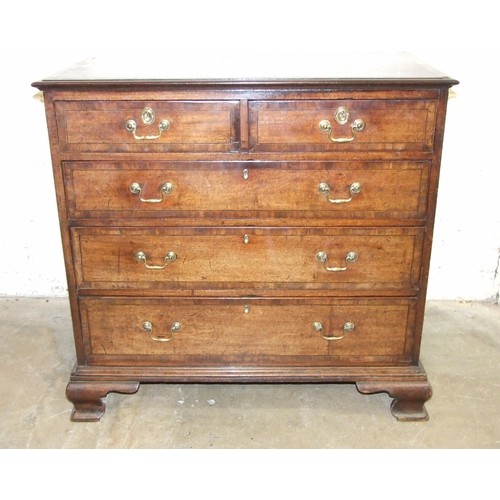 62 - A George III mahogany crossbanded chest of two short and three long drawers, on ogee bracket feet, 1... 