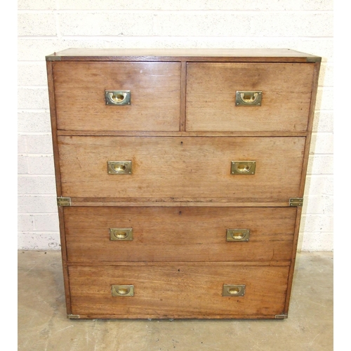 70 - A 19th century teak military chest in two parts, fitted with two short and three long drawers, with ... 