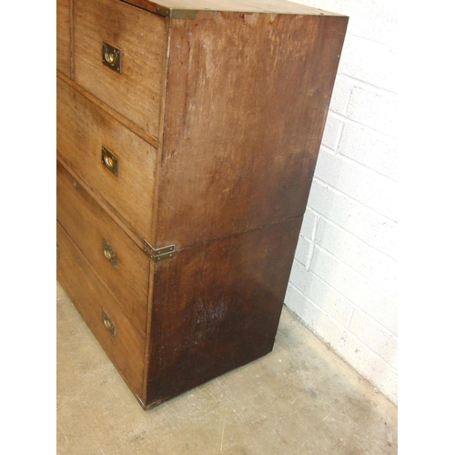 70 - A 19th century teak military chest in two parts, fitted with two short and three long drawers, with ... 