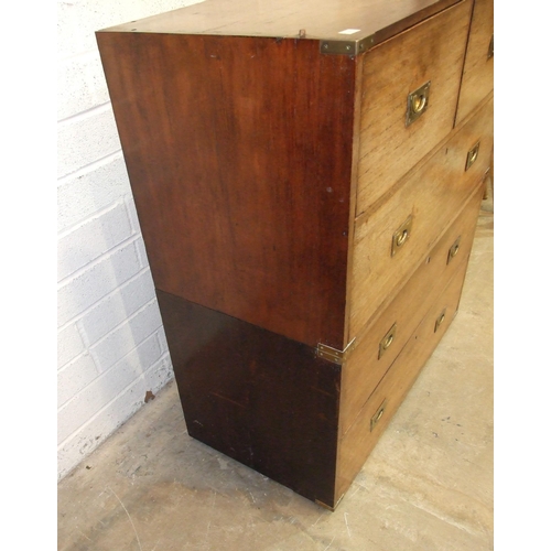 70 - A 19th century teak military chest in two parts, fitted with two short and three long drawers, with ... 