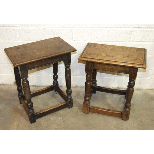 97 - Two antique oak joint stools, each rectangular top on splayed turned legs and stretchers, one 27 x 4... 