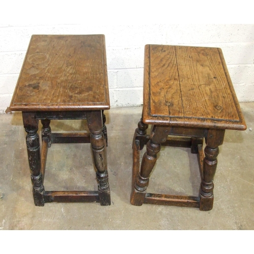 97 - Two antique oak joint stools, each rectangular top on splayed turned legs and stretchers, one 27 x 4... 