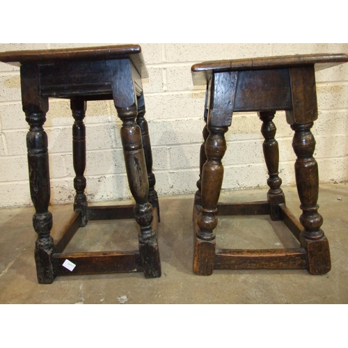 97 - Two antique oak joint stools, each rectangular top on splayed turned legs and stretchers, one 27 x 4... 