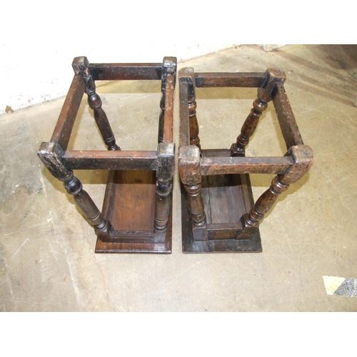 97 - Two antique oak joint stools, each rectangular top on splayed turned legs and stretchers, one 27 x 4... 