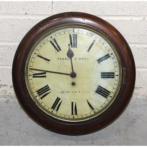 116 - A mahogany-framed circular wall clock, the enamel dial marked Pearce & Sons, Huddersfield & ... 