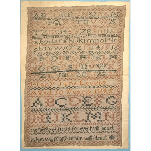 167 - A 19th century needlework sampler depicting letters, numbers, flowers, plants, trees and a cat, (som... 