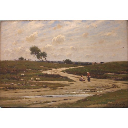 39 - Reginald Aspinwall (1858-1921) FIGURES AND SHEEP ON A COUNTRY TRACK WITH COTTAGES BEHIND Signed oil ... 
