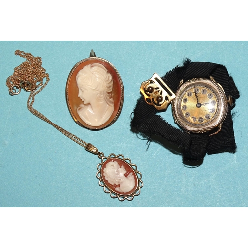 124 - A 9ct gold cameo brooch, a cameo pendant on 9ct gold neck chain and a lady's 9ct-gold-cased wrist wa... 