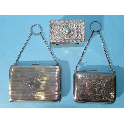 484 - A lady's silver purse with etched decoration and monogram, on chain, 6 x 8cm, Birmingham 1920, a sil... 