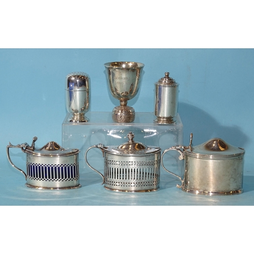 494 - Five silver condiments, including two mustard pots with liners, various dates and makers and a small... 