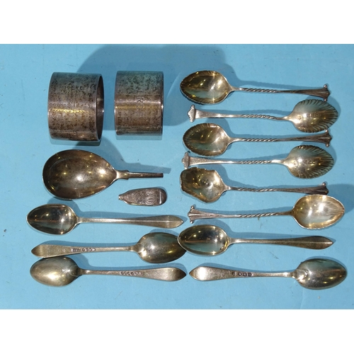 498 - A set of six silver teaspoons, London 1896, (2 a/f) and other silver spoons, a silver napkin ring en... 