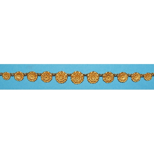 97 - A foreign gold necklace of graduated rosettes and a pair of matching earrings, all marked 18k, 33.3g... 