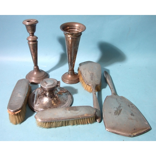 520 - A loaded candlestick, a spill vase, capstan inkwell and various dressing table items, (all in need o... 